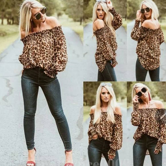Unbranded Tops - Leopard long Sleeve off the Shoulder Top Sz S